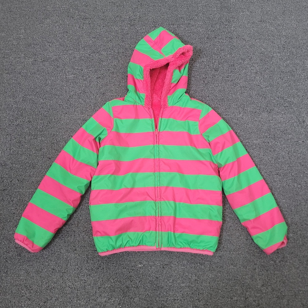 Hanna Andersson Size 130 US 6-7 Puffer Jacket Pink‎ Green Fleece Lined Hooded